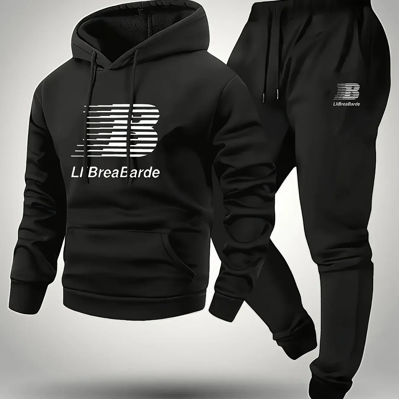 Autumn Winter Men's Casual Warm Outfit Printed Hooded Sweatshirt + Long Pants 2 Piece Set Comfortable Sportswear