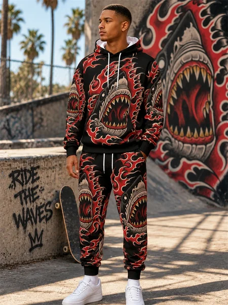 2026 New Fall/Winter Shark-Print Hooded Set Hip-Hop Men's Sweatshirt Casual And Fashionable Two-Piece Set Sportswear