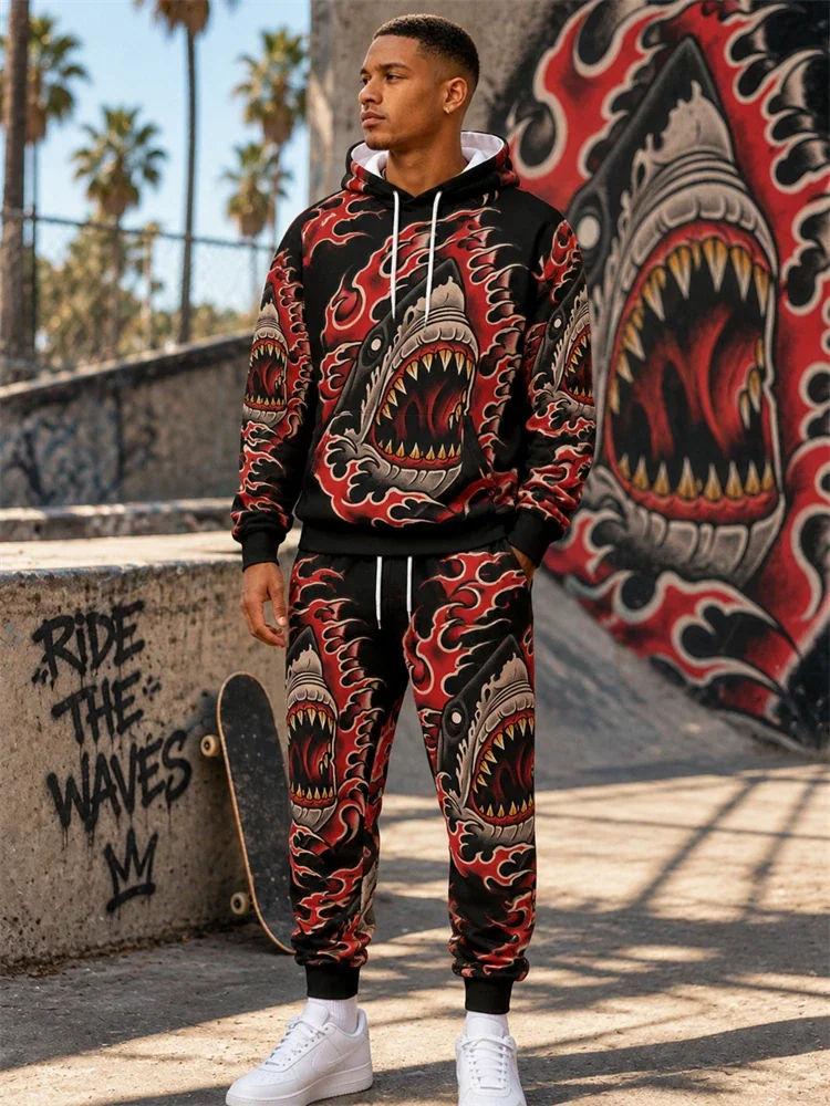 2026 New Fall/Winter Shark-Print Hooded Set Hip-Hop Men's Sweatshirt Casual And Fashionable Two-Piece Set Sportswear