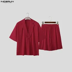 INCERUN Men Sets Solid Color Lapel Short Sleeve Shirt & Shorts Two Pieces Sets Streetwear Loose 2026 Summer Fashion Men's Suits
