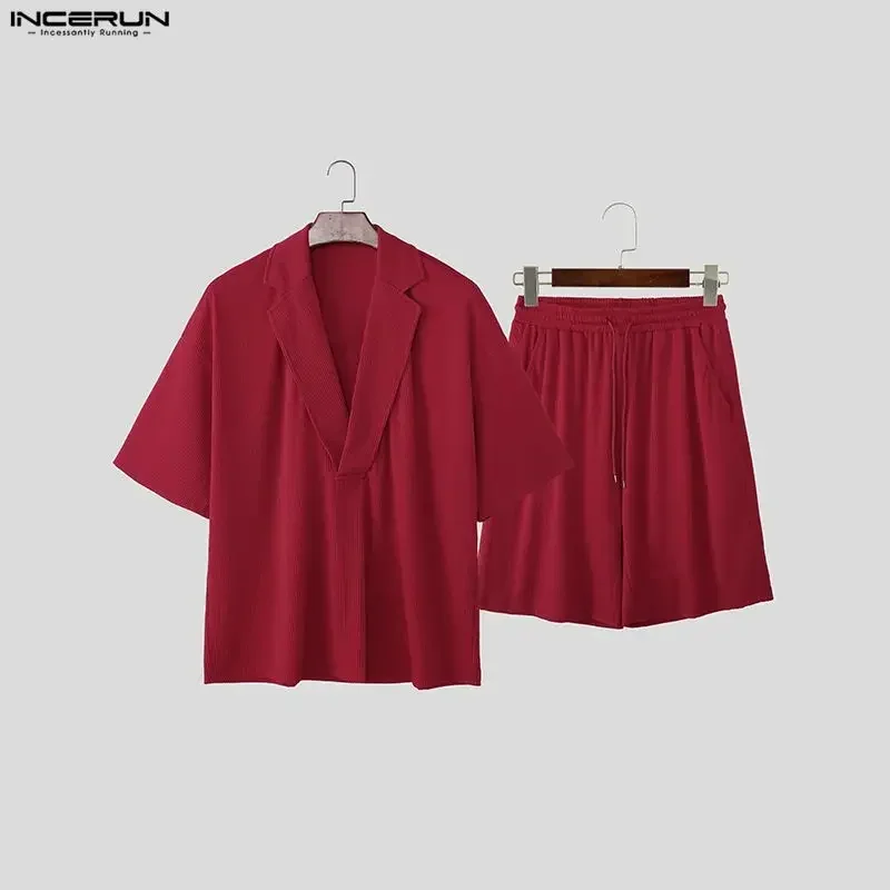 INCERUN Men Sets Solid Color Lapel Short Sleeve Shirt & Shorts Two Pieces Sets Streetwear Loose 2026 Summer Fashion Men's Suits