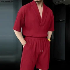 INCERUN Men Sets Solid Color Lapel Short Sleeve Shirt & Shorts Two Pieces Sets Streetwear Loose 2026 Summer Fashion Men's Suits