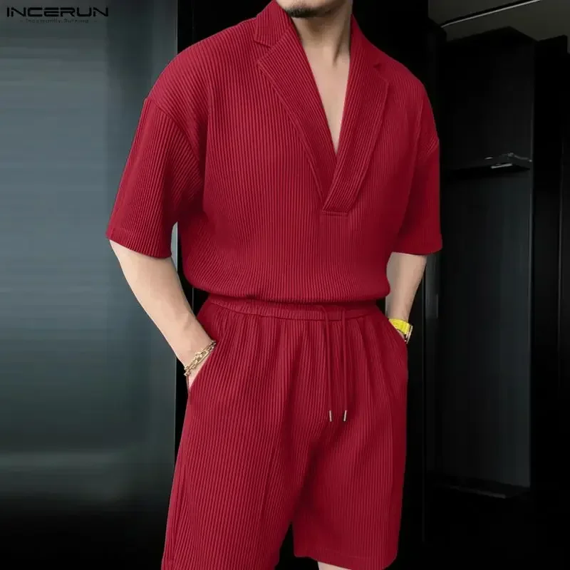 INCERUN Men Sets Solid Color Lapel Short Sleeve Shirt & Shorts Two Pieces Sets Streetwear Loose 2026 Summer Fashion Men's Suits