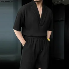 INCERUN Men Sets Solid Color Lapel Short Sleeve Shirt & Shorts Two Pieces Sets Streetwear Loose 2026 Summer Fashion Men's Suits