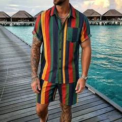 Summer Men's 2 Piece Set, Colorful Striped Hawaiian Short Sleeve Shirt + Drawstring Beach Shorts Casual Vacation Outfits