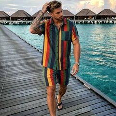 Summer Men's 2 Piece Set, Colorful Striped Hawaiian Short Sleeve Shirt + Drawstring Beach Shorts Casual Vacation Outfits