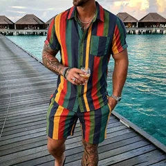 Summer Men's 2 Piece Set, Colorful Striped Hawaiian Short Sleeve Shirt + Drawstring Beach Shorts Casual Vacation Outfits