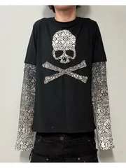 2026 new American retro camouflage skeleton fake two-piece spliced long sleeved top punk street trend fashion versatile niche