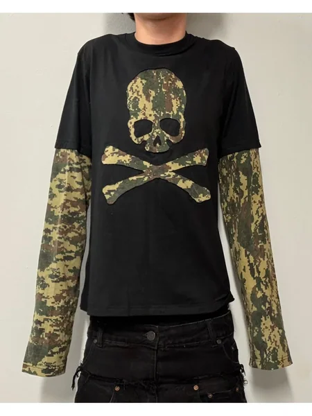 2026 new American retro camouflage skeleton fake two-piece spliced long sleeved top punk street trend fashion versatile niche