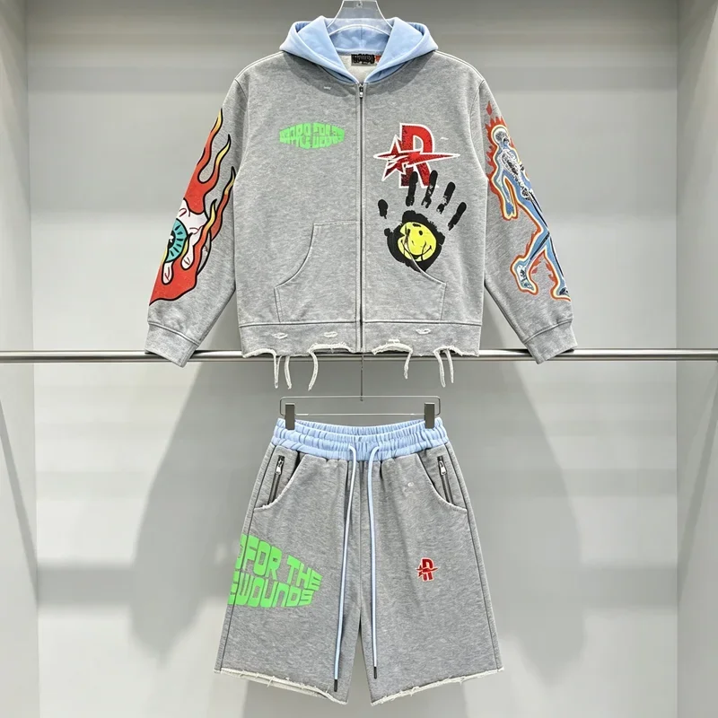 26SS New Rough Play Men's Sets American Style Retro Washed Outdated Trend Skull Print Hoodie Shorts Two Piece Sets