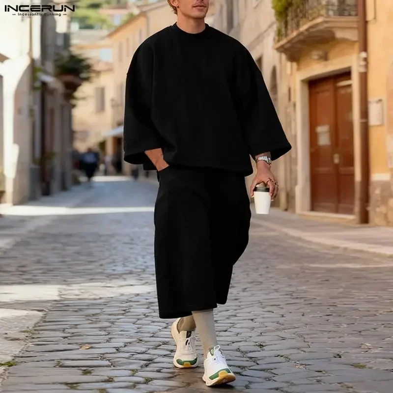 INCERUN Men Sets Solid Color Baggy 3/4 Sleeve Hoodies & Calf-length Pants Two Pieces Sets Streetwear Loose Fashion Men's Suits