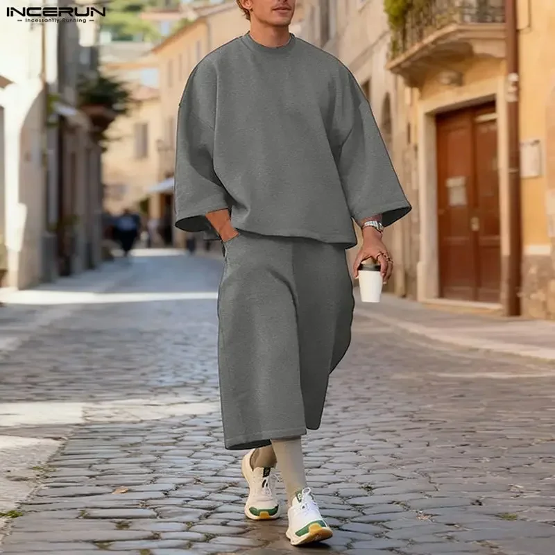 INCERUN Men Sets Solid Color Baggy 3/4 Sleeve Hoodies & Calf-length Pants Two Pieces Sets Streetwear Loose Fashion Men's Suits