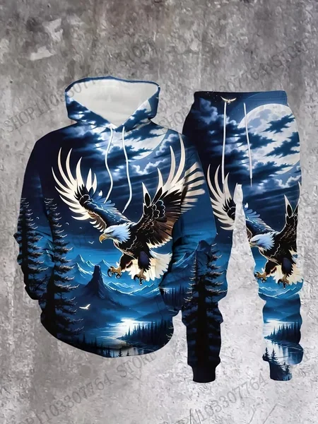 Autumn Winter Hoodie Pant Set Soaring Eagle Pattern 3d Print Sets Men Women Fashion Hoodie +Pant 2Pcs Set Tracksuit Suits Animal