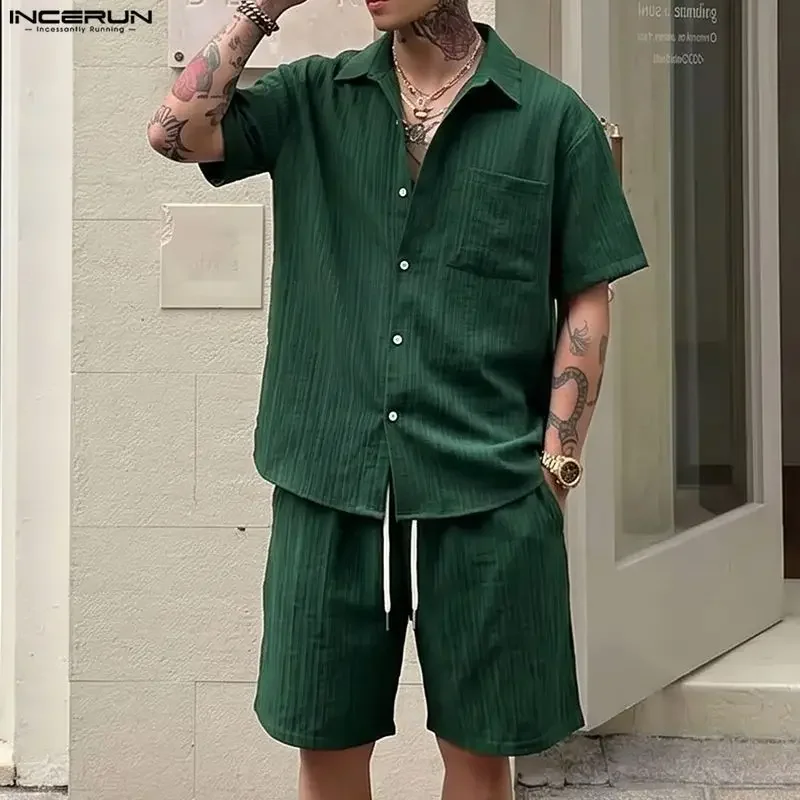 INCERUN Men's Sets Solid Lapel Short Sleeve Shirt Shorts Two Piece Sets Streetwear Loose Summer 2026 Casual Men Matching Sets
