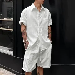INCERUN Men's Sets Solid Lapel Short Sleeve Shirt Shorts Two Piece Sets Streetwear Loose Summer 2026 Casual Men Matching Sets
