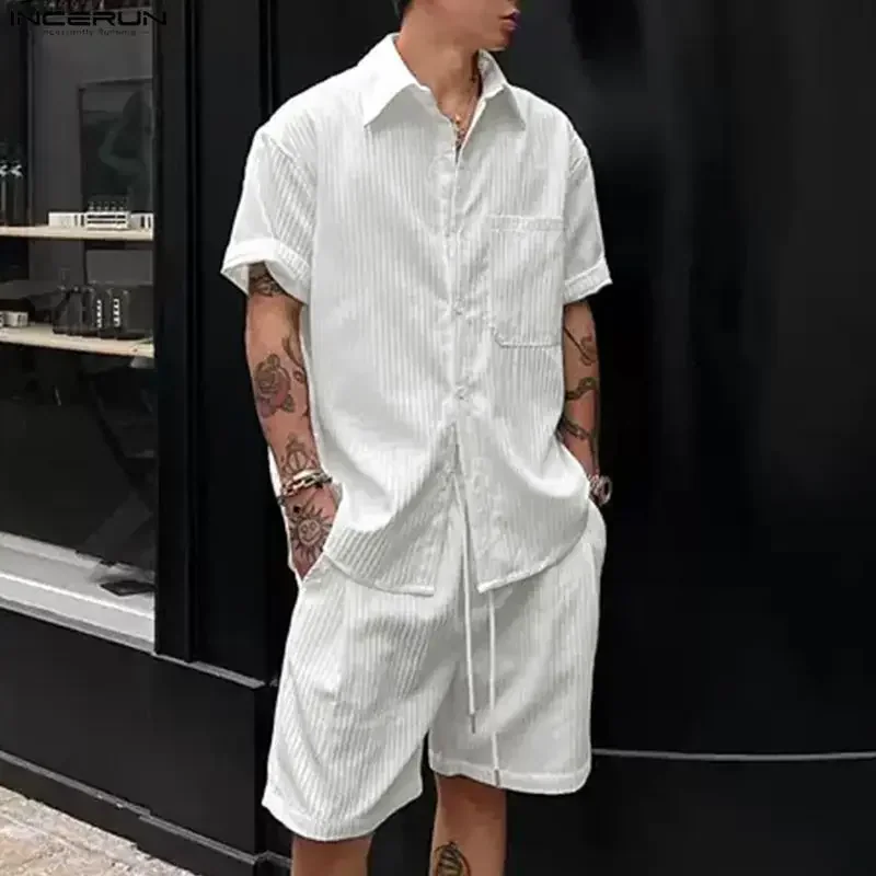 INCERUN Men's Sets Solid Lapel Short Sleeve Shirt Shorts Two Piece Sets Streetwear Loose Summer 2026 Casual Men Matching Sets