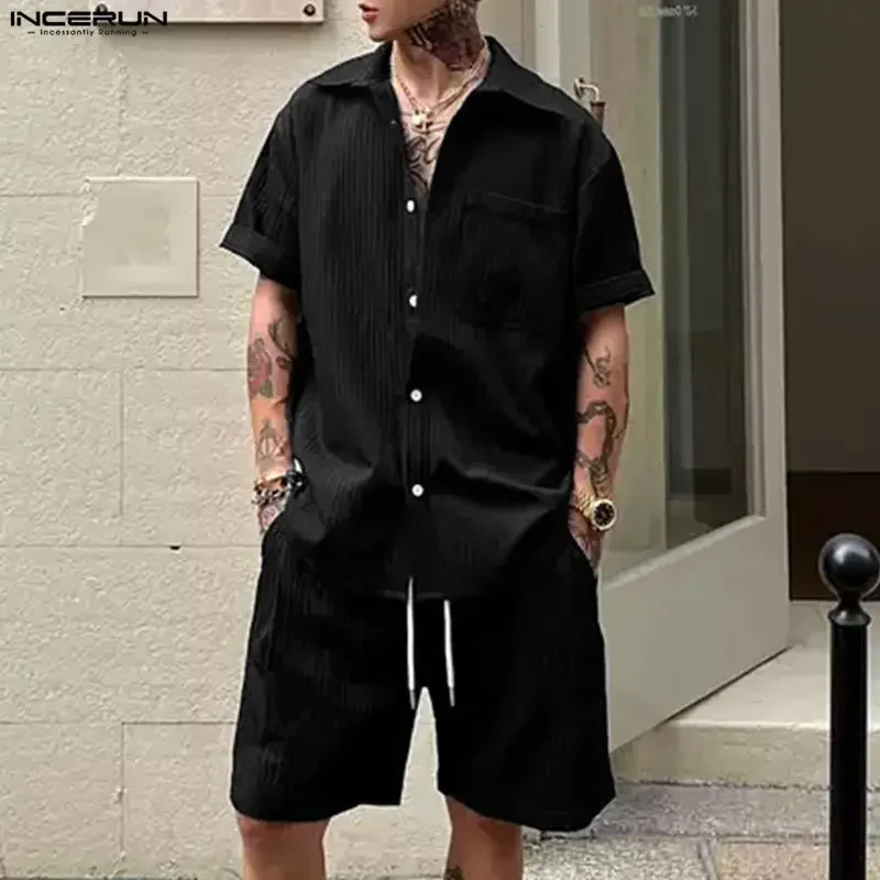 INCERUN Men's Sets Solid Lapel Short Sleeve Shirt Shorts Two Piece Sets Streetwear Loose Summer 2026 Casual Men Matching Sets
