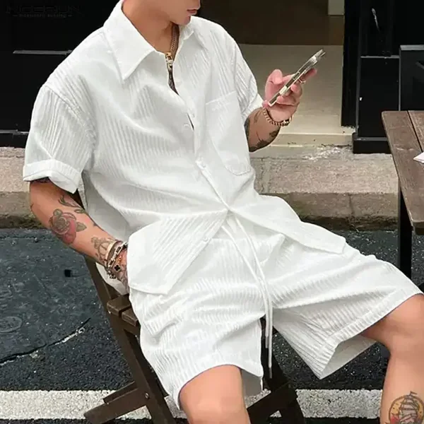 INCERUN Men's Sets Solid Lapel Short Sleeve Shirt Shorts Two Piece Sets Streetwear Loose Summer 2026 Casual Men Matching Sets