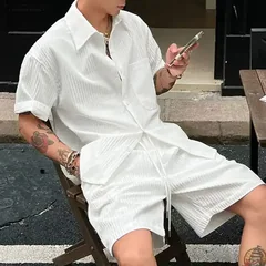 INCERUN Men's Sets Solid Lapel Short Sleeve Shirt Shorts Two Piece Sets Streetwear Loose Summer 2026 Casual Men Matching Sets