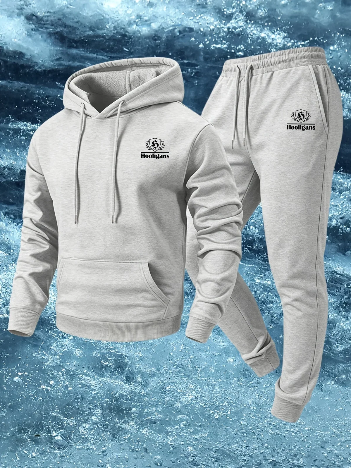 Autumn Winter Men Streetwear Tracksuit, Small Chest Hooligans Logo Print Pullover Hoodie & Sweatpants 2 Piece Sports Outfit