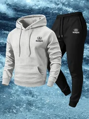 Autumn Winter Men Streetwear Tracksuit, Small Chest Hooligans Logo Print Pullover Hoodie & Sweatpants 2 Piece Sports Outfit