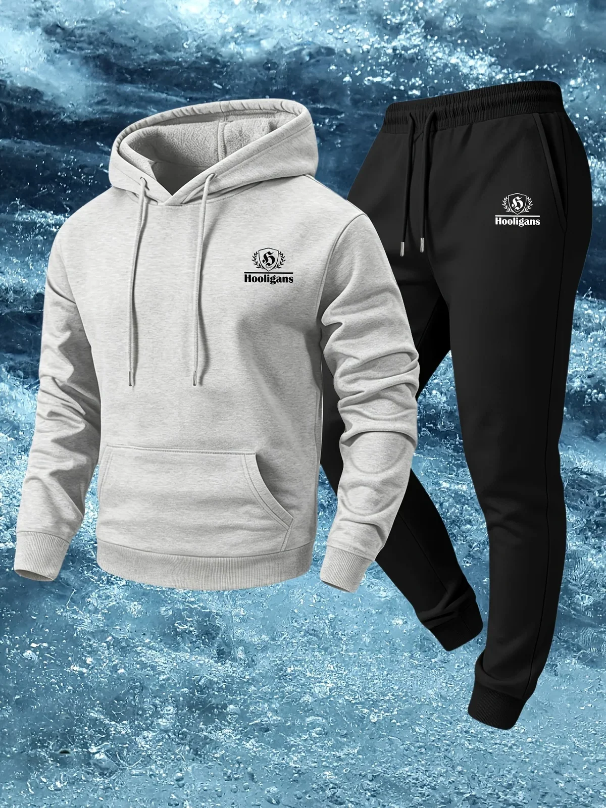 Autumn Winter Men Streetwear Tracksuit, Small Chest Hooligans Logo Print Pullover Hoodie & Sweatpants 2 Piece Sports Outfit