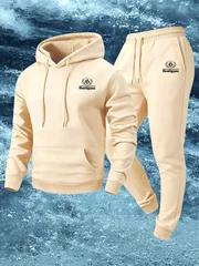 Autumn Winter Men Streetwear Tracksuit, Small Chest Hooligans Logo Print Pullover Hoodie & Sweatpants 2 Piece Sports Outfit