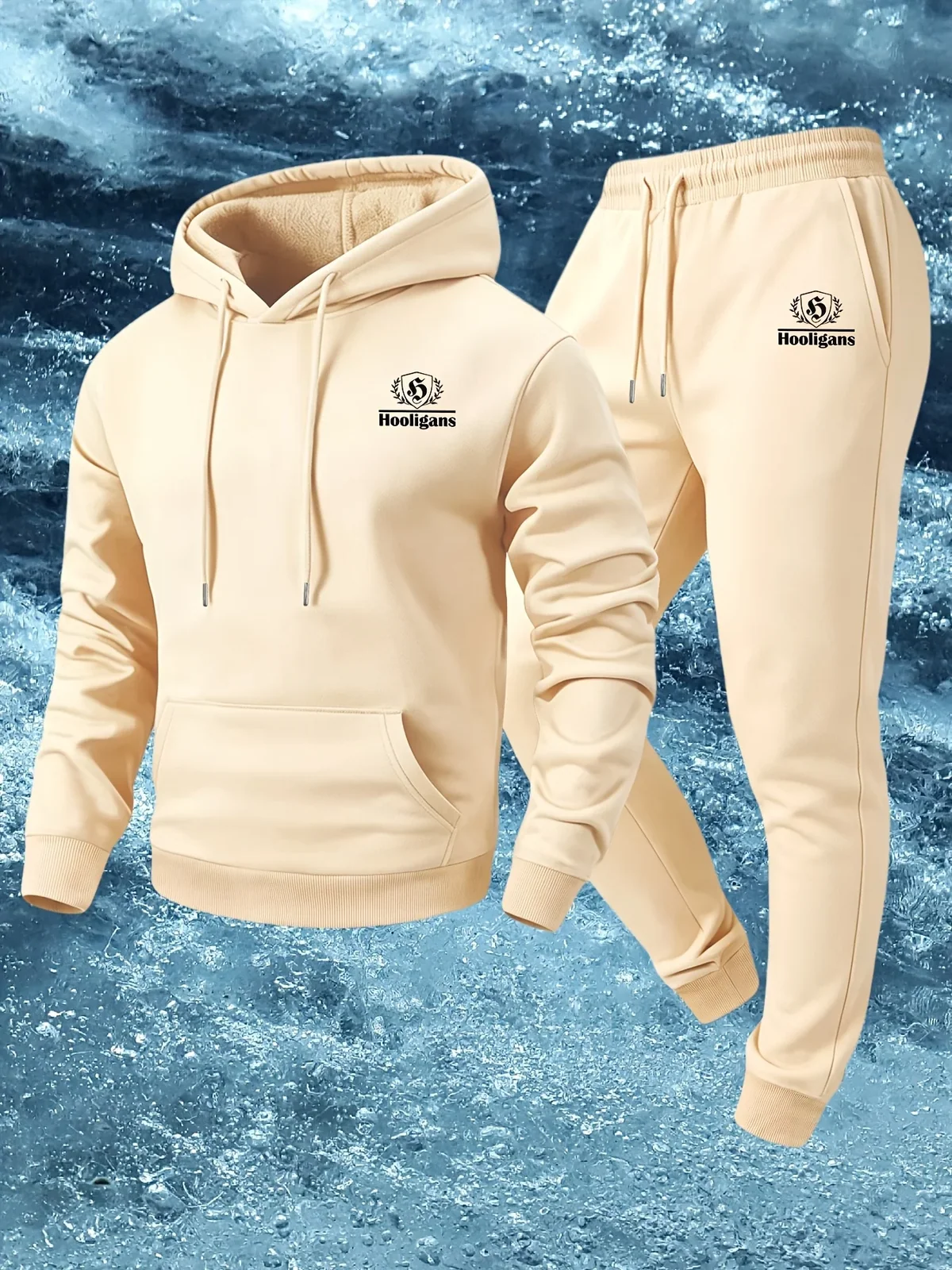 Autumn Winter Men Streetwear Tracksuit, Small Chest Hooligans Logo Print Pullover Hoodie & Sweatpants 2 Piece Sports Outfit