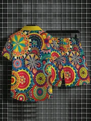 Colorful Boho Pattern Mens Matching Set Lapel Button Shirt Elastic Waist Shorts Summer Vacation Outfit
