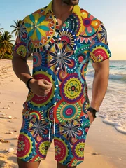 Colorful Boho Pattern Mens Matching Set Lapel Button Shirt Elastic Waist Shorts Summer Vacation Outfit