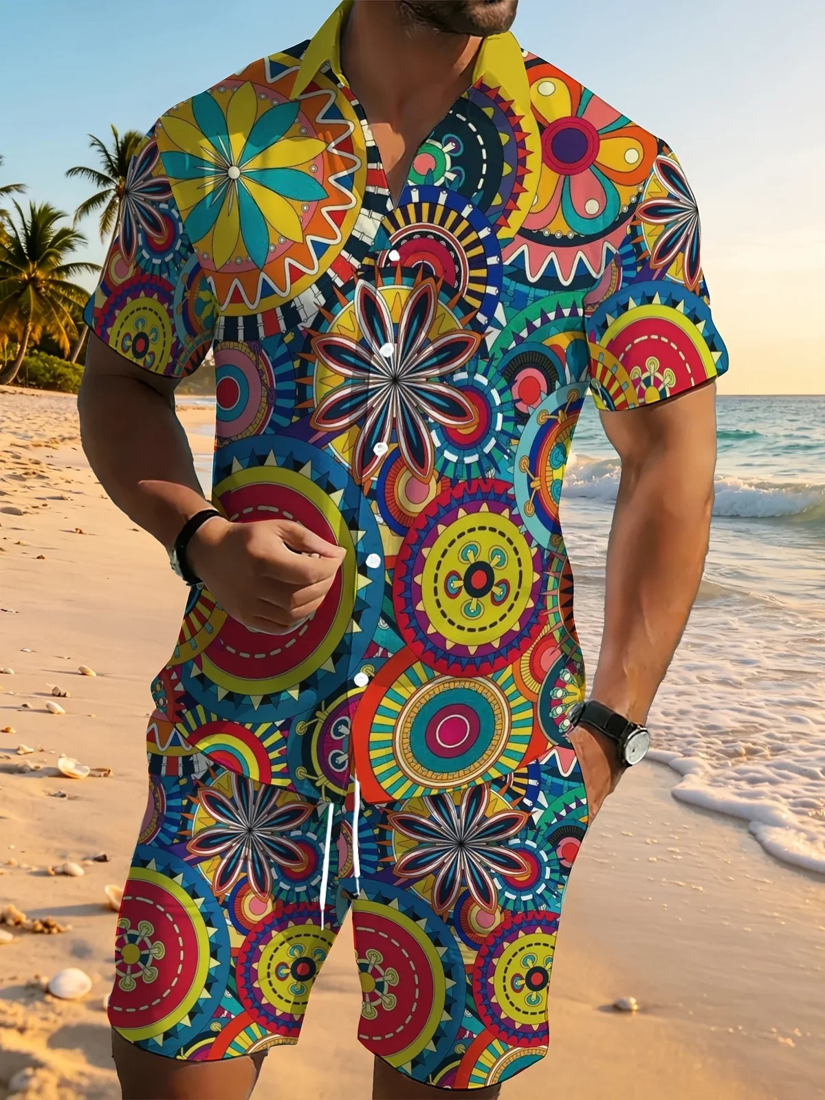 Colorful Boho Pattern Mens Matching Set Lapel Button Shirt Elastic Waist Shorts Summer Vacation Outfit