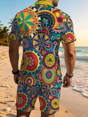 Colorful Boho Pattern Mens Matching Set Lapel Button Shirt Elastic Waist Shorts Summer Vacation Outfit