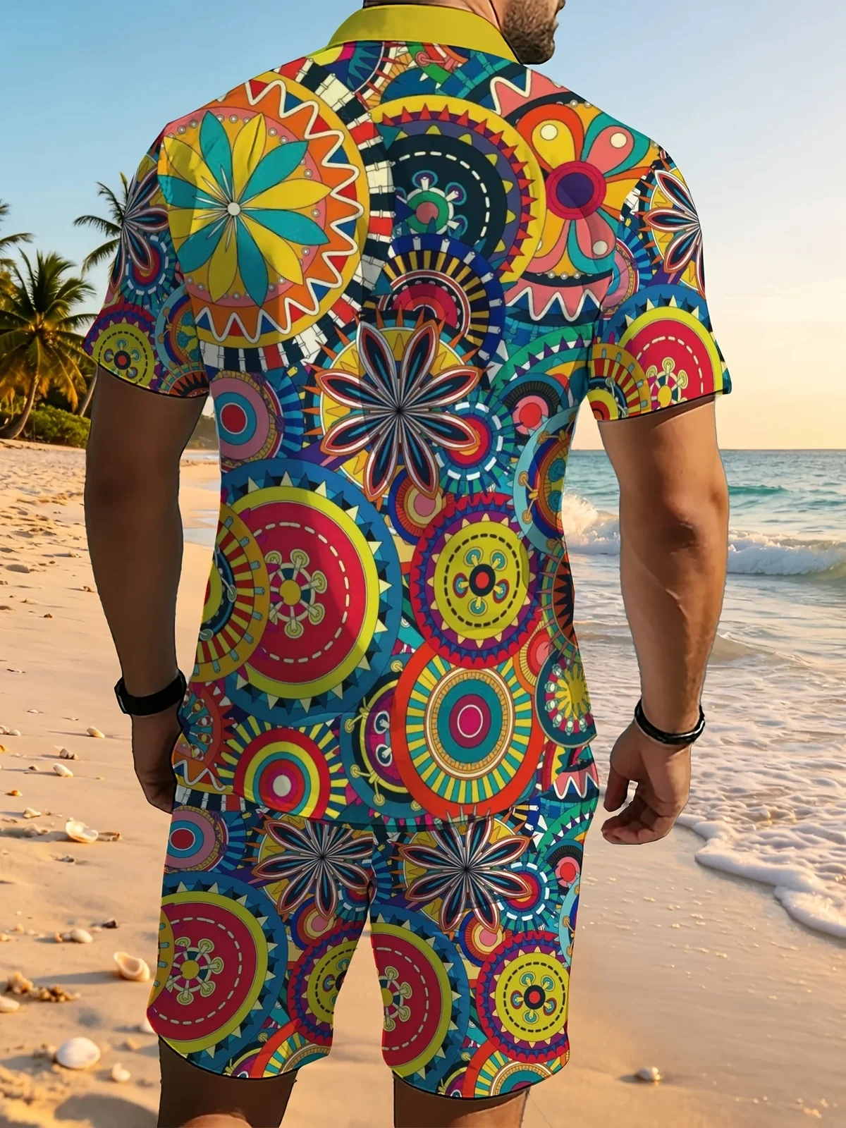 Colorful Boho Pattern Mens Matching Set Lapel Button Shirt Elastic Waist Shorts Summer Vacation Outfit