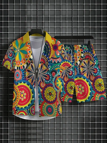 Colorful Boho Pattern Mens Matching Set Lapel Button Shirt Elastic Waist Shorts Summer Vacation Outfit