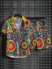Colorful Boho Pattern Mens Matching Set Lapel Button Shirt Elastic Waist Shorts Summer Vacation Outfit