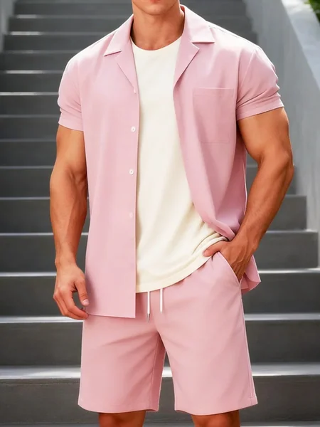 Men's Solid Color Cuban Collar Two-Piece Set with Pocket Short-Sleeve Shirt + Drawstring Elastic Waist Shorts, Summer Casual Versatile Men's Outfit