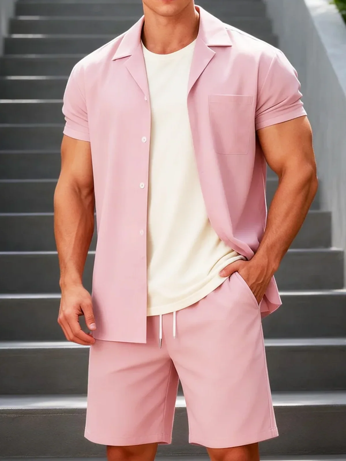 Men's Solid Color Cuban Collar Two-Piece Set with Pocket Short-Sleeve Shirt + Drawstring Elastic Waist Shorts, Summer Casual Versatile Men's Outfit