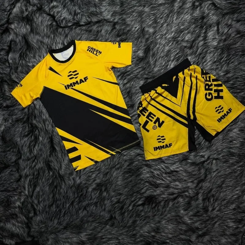 2026 New IMMAF Sports Set Men's Black Pink Graphic Rash Guard T-shirts & Shorts Quick Drying BJJ Training Combat Suit Adult Kids