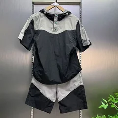 Summer quick drying casual sports hooded shorts short sleeved set for men, fashionable contrasting color loose 2pcs set
