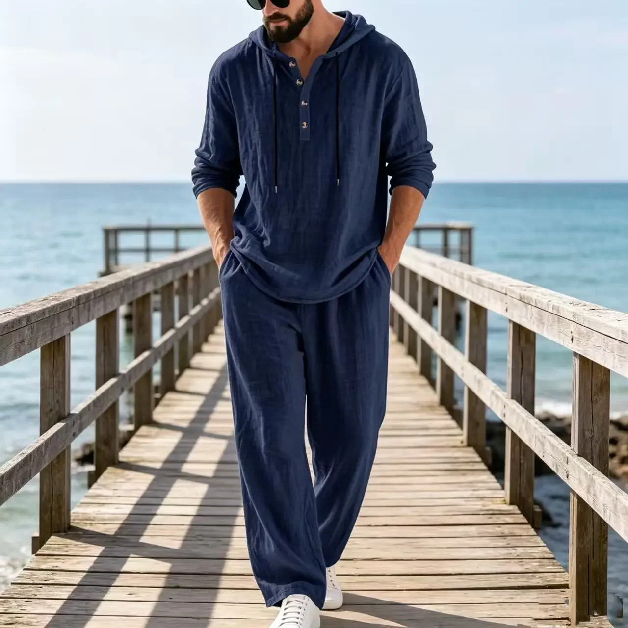 2026 Cross-border Spring and Autumn Linen Men's Casual Suit Amazon Loose Hooded Henry Shirt Long Sleeve Pants Suit