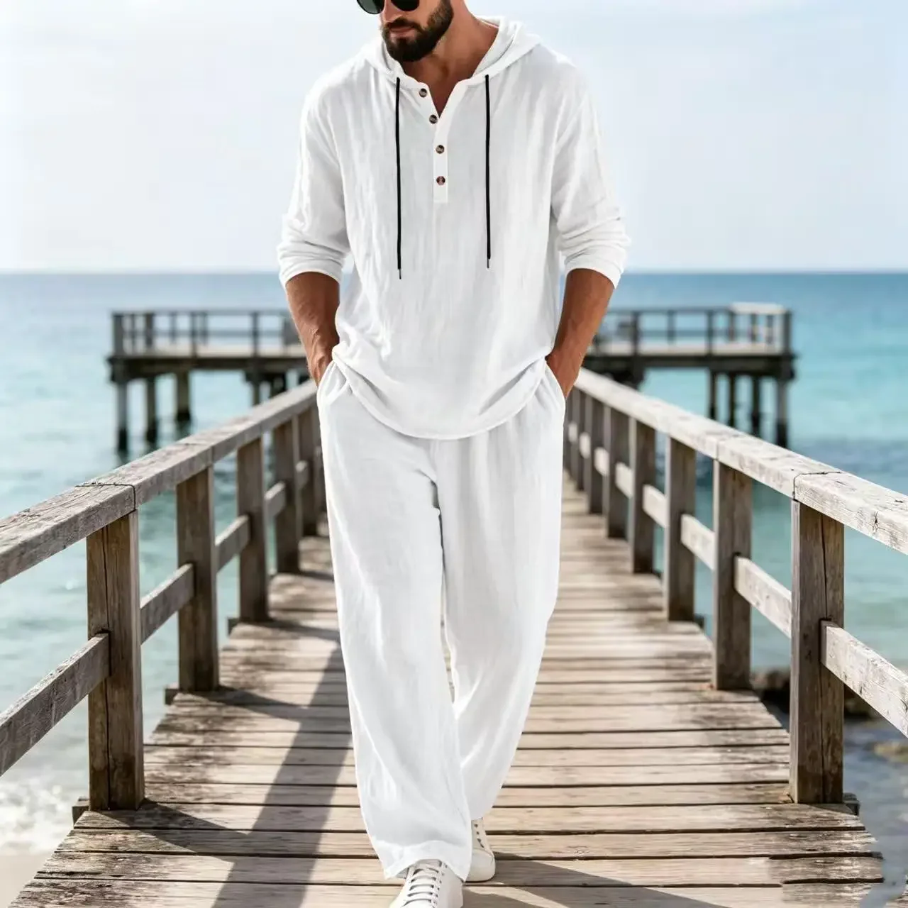 2026 Cross-border Spring and Autumn Linen Men's Casual Suit Amazon Loose Hooded Henry Shirt Long Sleeve Pants Suit