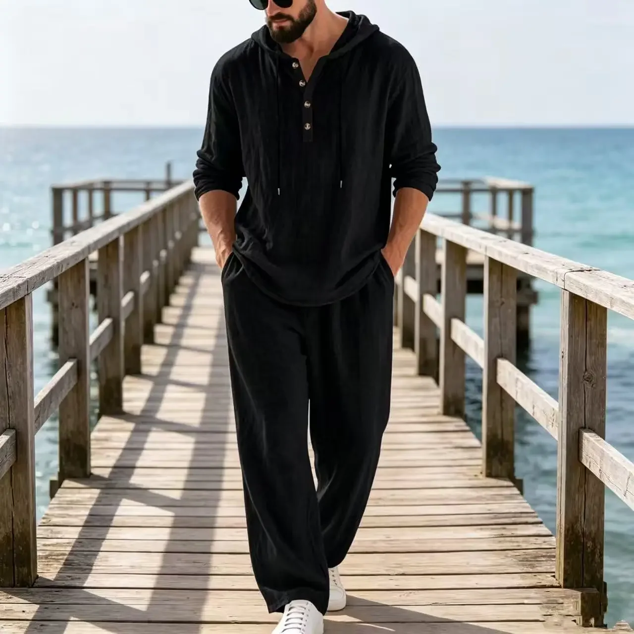 2026 Cross-border Spring and Autumn Linen Men's Casual Suit Amazon Loose Hooded Henry Shirt Long Sleeve Pants Suit