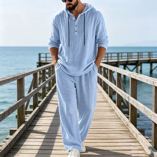 2026 Cross-border Spring and Autumn Linen Men's Casual Suit Amazon Loose Hooded Henry Shirt Long Sleeve Pants Suit