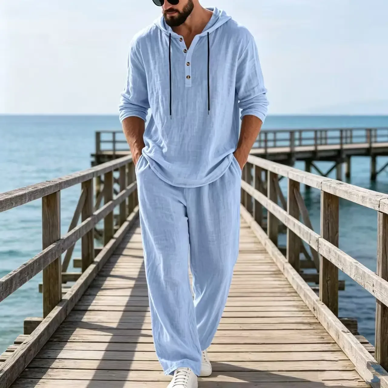 2026 Cross-border Spring and Autumn Linen Men's Casual Suit Amazon Loose Hooded Henry Shirt Long Sleeve Pants Suit