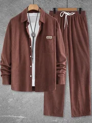 Men's Autumn and Winter Solid Color Long-Sleeve Pocket Shirt with Logo and Casual Pants Set