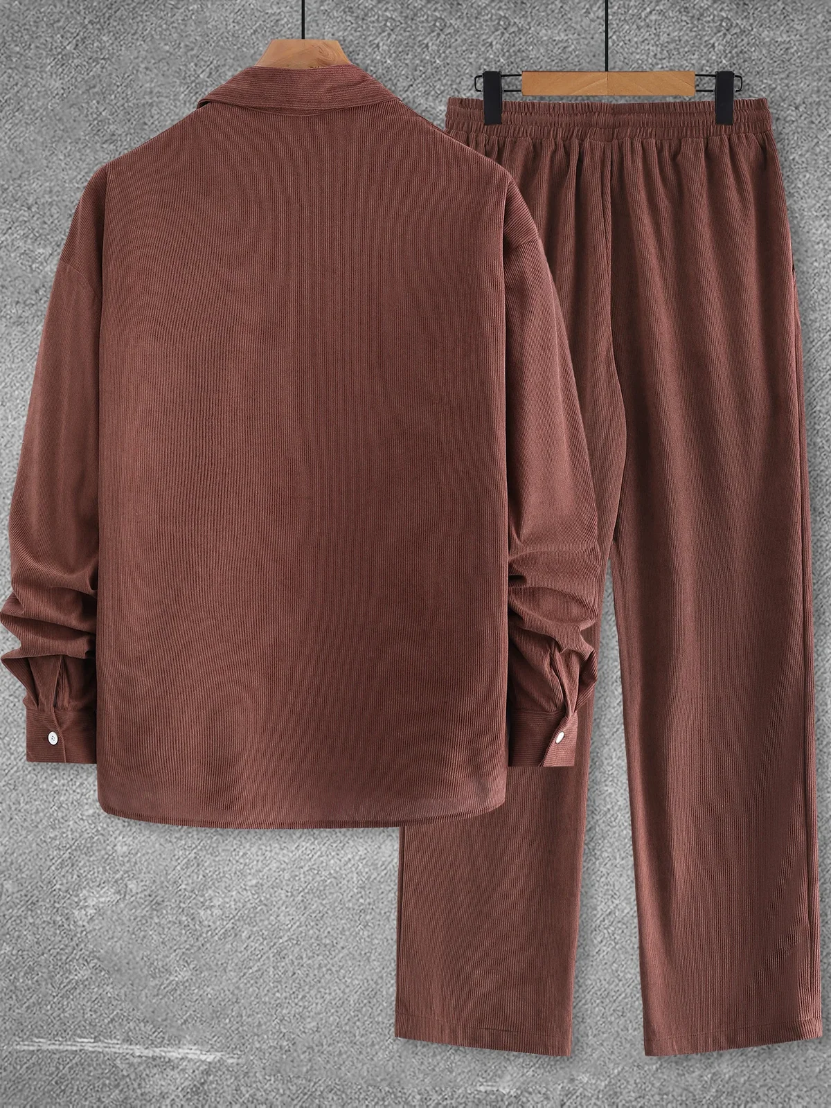 Men's Autumn and Winter Solid Color Long-Sleeve Pocket Shirt with Logo and Casual Pants Set