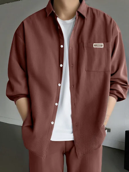 Men's Autumn and Winter Solid Color Long-Sleeve Pocket Shirt with Logo and Casual Pants Set