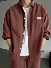 Men's Autumn and Winter Solid Color Long-Sleeve Pocket Shirt with Logo and Casual Pants Set