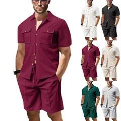 Men's Waffle Knit 2 Piece Outfit Short Sleeve Button Pocket Shirt & Drawstring Casual Shorts Summer Vacation Matching Outfit Set