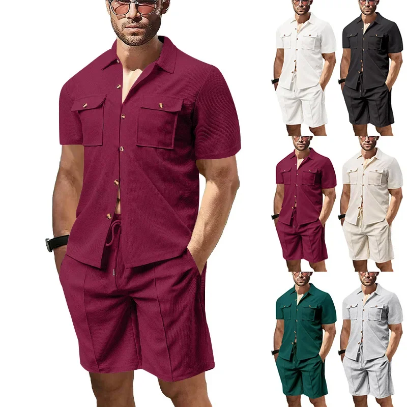 Men's Waffle Knit 2 Piece Outfit Short Sleeve Button Pocket Shirt & Drawstring Casual Shorts Summer Vacation Matching Outfit Set